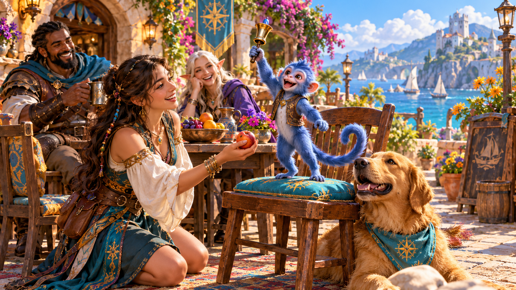 Fantasy illustration of a blue monkey holding a handbell on a cushioned chair while an elf offers an apple and companions and a dog watch at a seaside cafe
