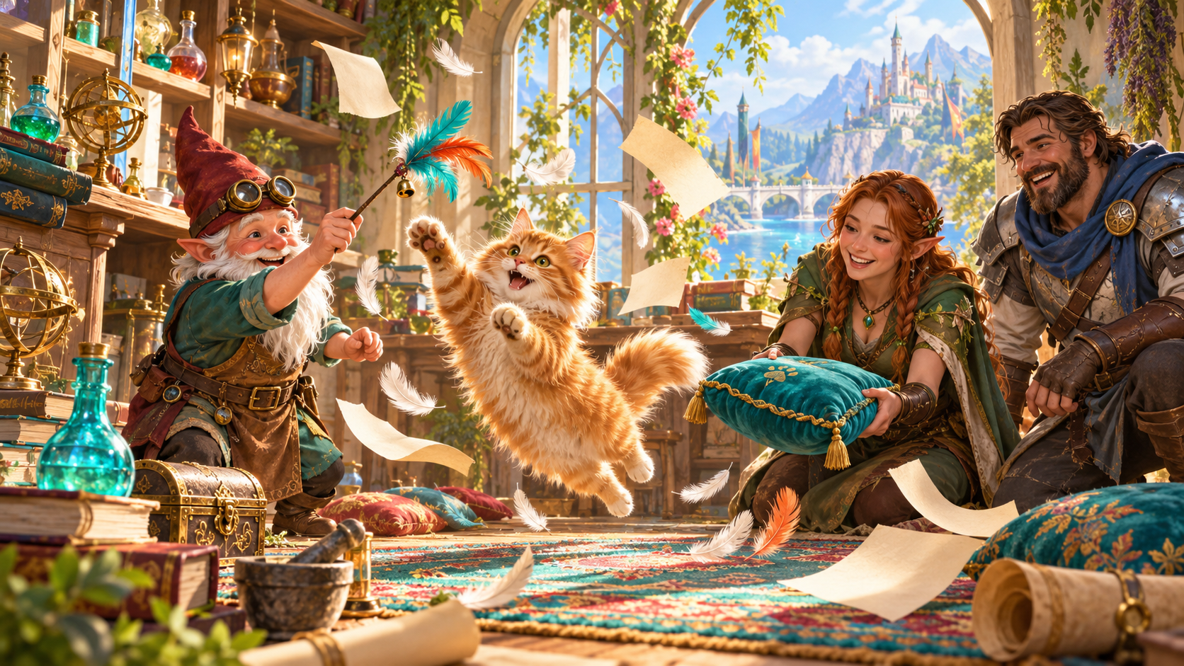 Fantasy illustration of an alchemist redirecting a leaping ginger cat with a feather toy while an elf offers a cushion amid flying papers
