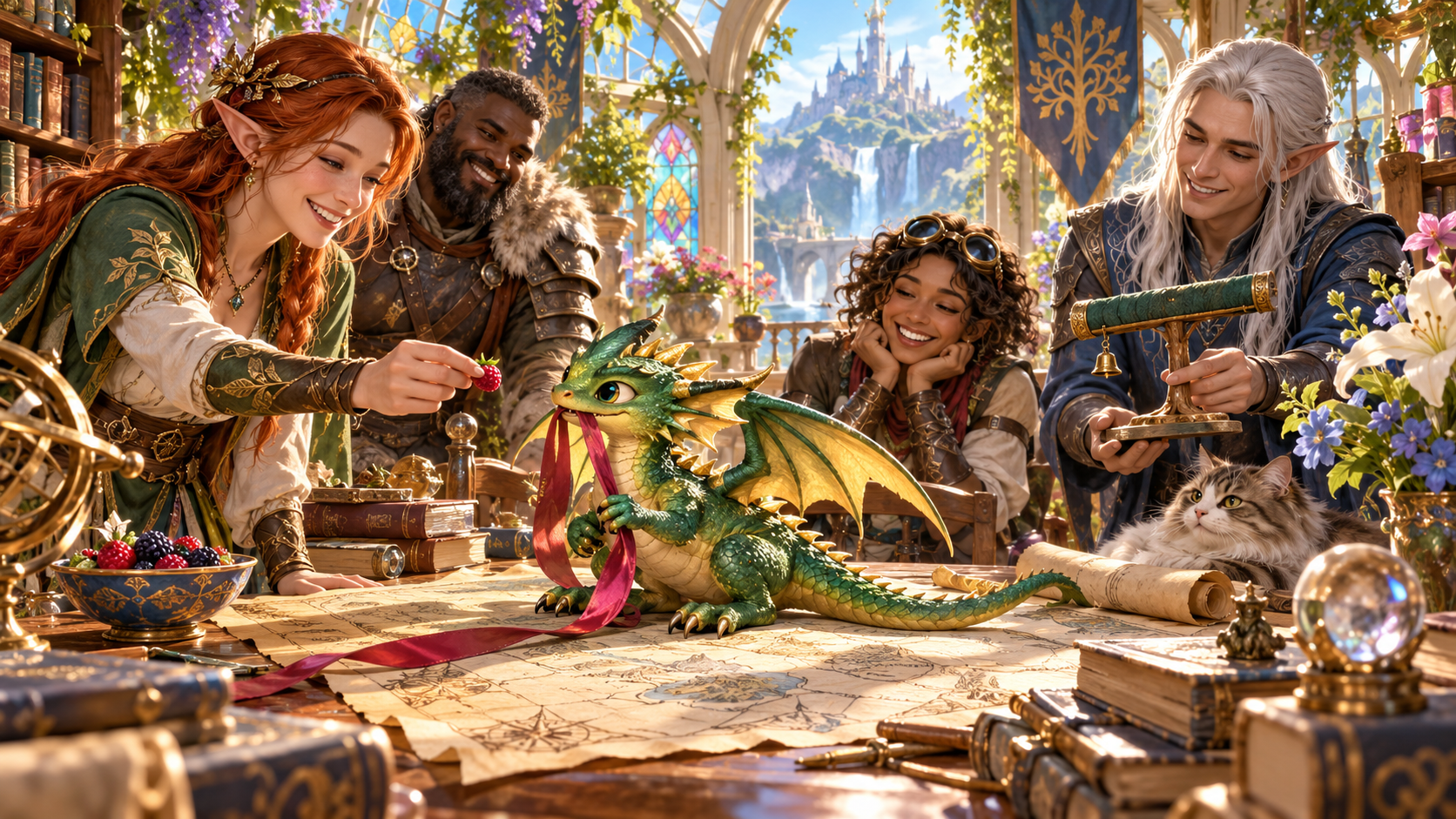 Fantasy illustration of conservatory companions offering a berry and a perch to a tiny green drake holding a pink ribbon over a map, with a cat nearby
