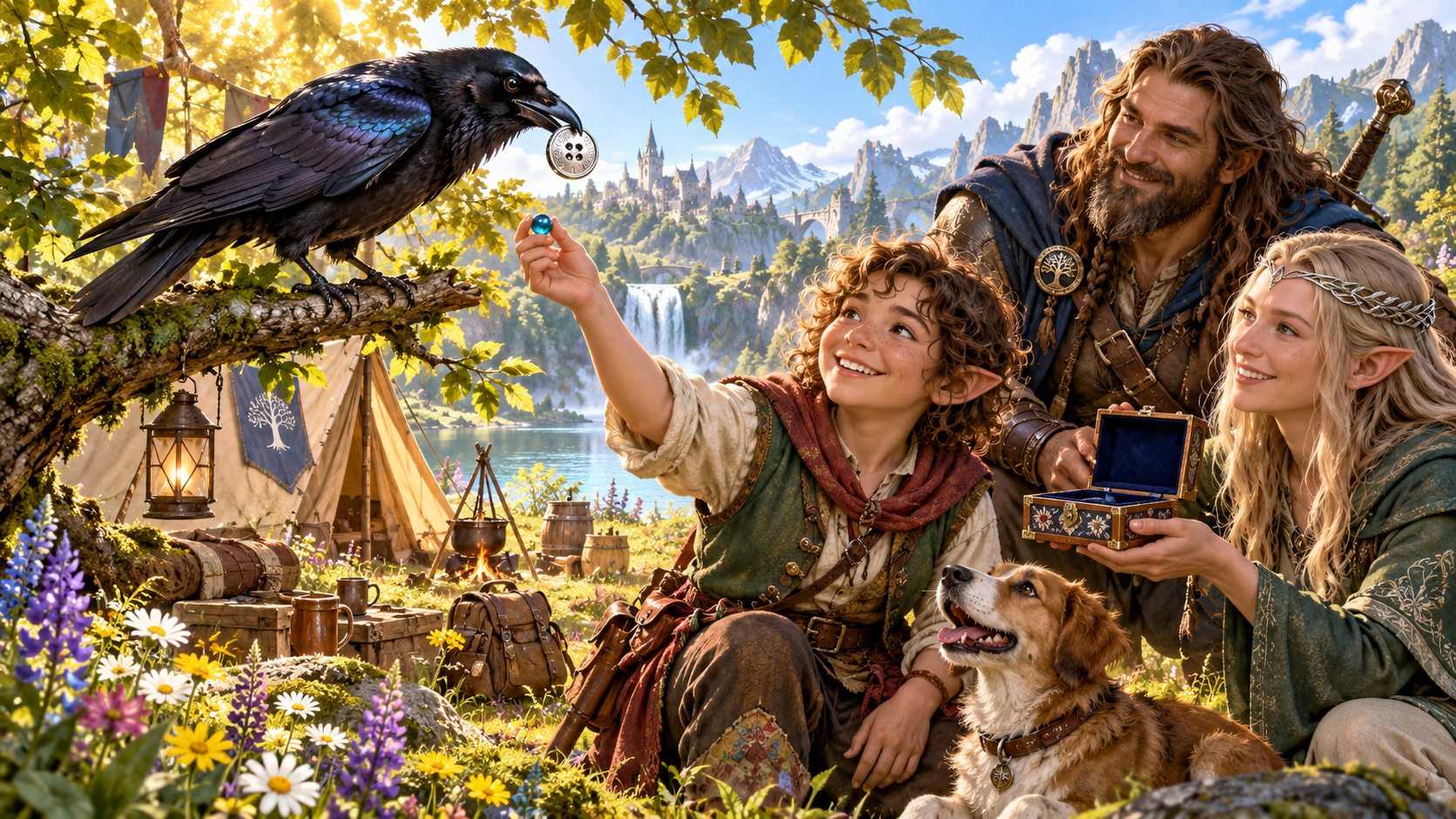 Fantasy illustration of a woodland camp raven holding a silver button while a child offers a blue trinket, with companions and a dog watching